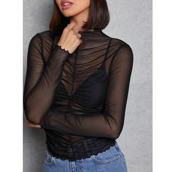 Black Ruched Long Sleeve Sheer Top - Picture 2 of 6